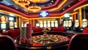 Vivez l'excitation du meilleur casino en ligne avec une élégante table de roulette et une atmosphère de casino vibrante.