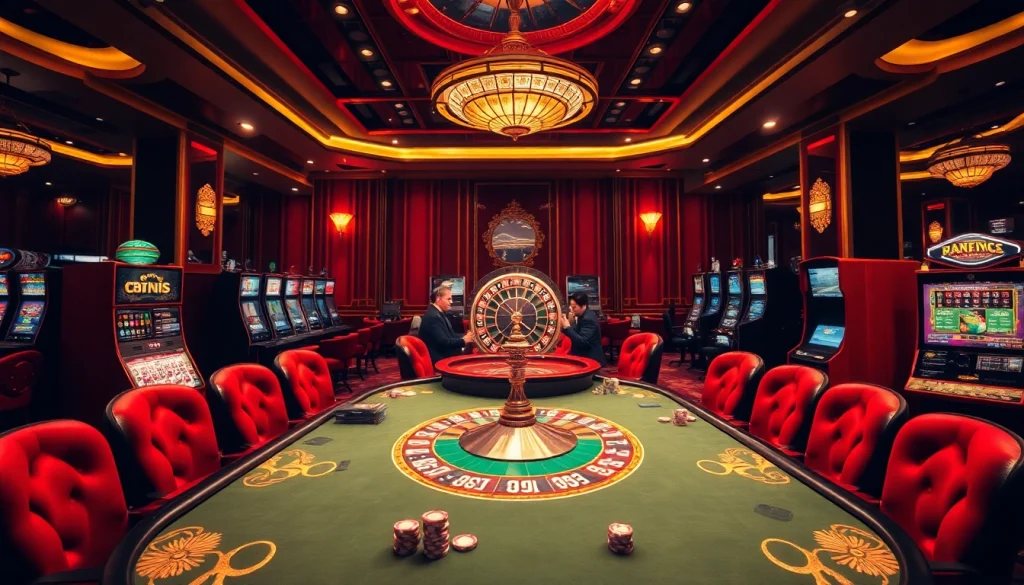 Joueurs intenses engagés dans une partie de cartes dans un casino en ligne, entourés de machines à sous et d'une décoration vibrante.