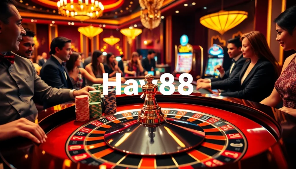 Experience thrilling gameplay with Hay88 at a vibrant casino featuring roulette and poker tables.