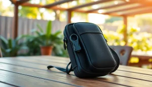 Handy Tasche abschließbar mit sicherem Verschlusssystem auf einem hellen Tisch.