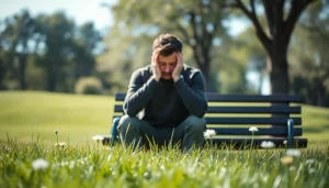 Person showing anxiety symptoms while sitting on a bench in a serene park environment.