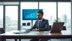 Konsultant finansowy pracujący w nowoczesnym biurze w Poznaniu, przeglądający dane i trendy finansowe.