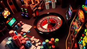 Disposition engageante du meilleur casino en ligne avec une roue de roulette vibrante et des jetons de poker.