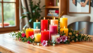 Mirisne svece postavljene na drvenom stolu sa zelenilom.