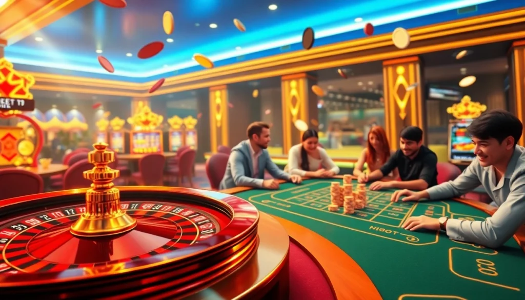 Experience thrilling online gambling with an engaging interface at https://mm88.br.com/, showcasing vibrant poker games and roulette tables.