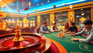 Experience thrilling online gambling with an engaging interface at https://mm88.br.com/, showcasing vibrant poker games and roulette tables.