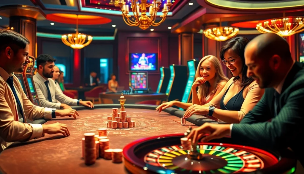 Vivez l'excitation du meilleur casino en ligne avec des machines à sous vibrantes et des tables de poker, reflétant luxe et enthousiasme.