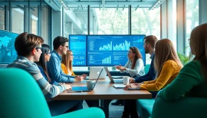 Collaborative klynt team strategizing in a modern digital workspace with creative visuals.