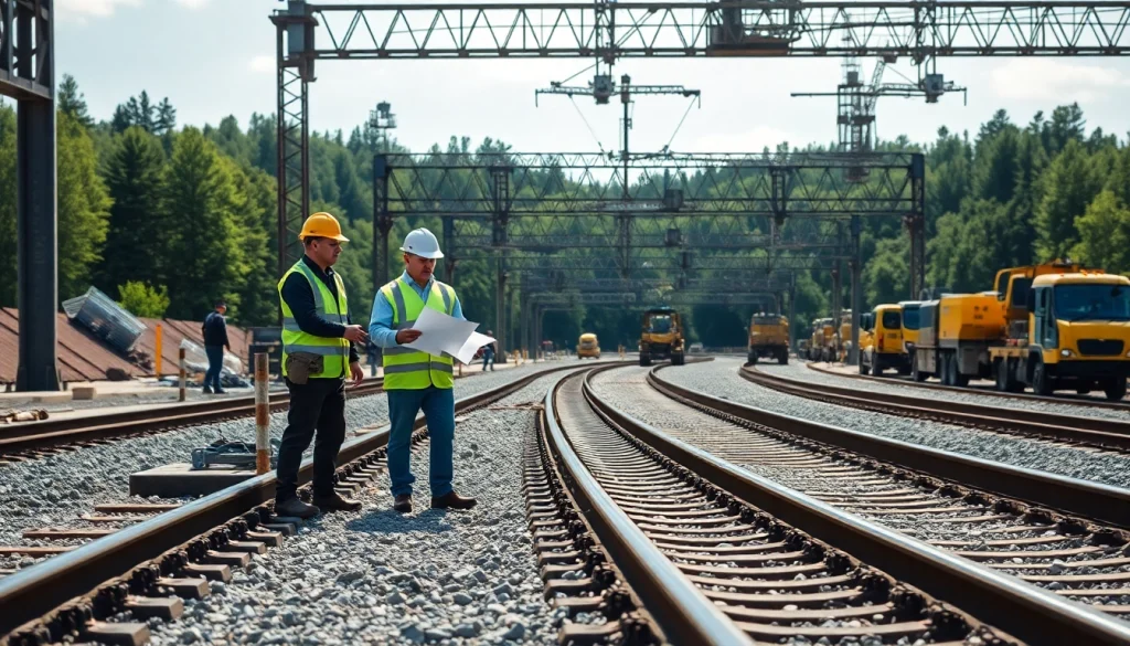 Engineers collaborating on railroad construction plans at a vibrant construction site.