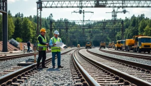 Engineers collaborating on railroad construction plans at a vibrant construction site.