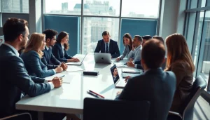 Business experts discussing Federal and State contracts pre-post award compliance in a modern office setting.