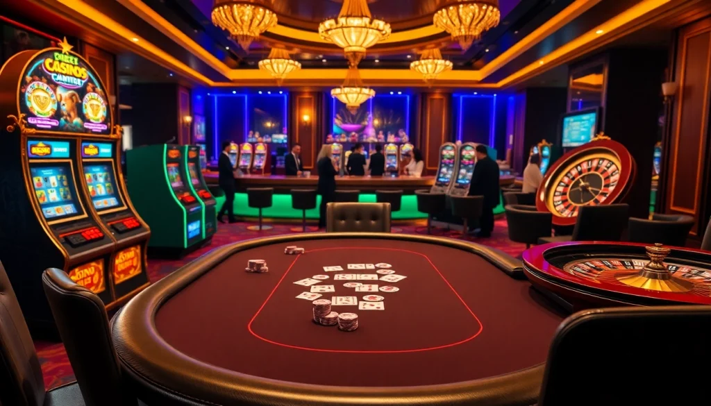Engaging players at nhà cái qq88 poker table with vibrant ambiance and luxury casino elements.