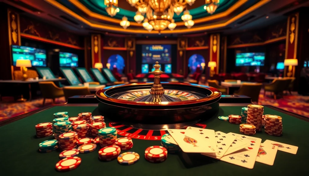 Scène excitante montrant des jetons de poker et des cartes vives à la table de roulette du meilleur casino en ligne, reflétant le luxe.