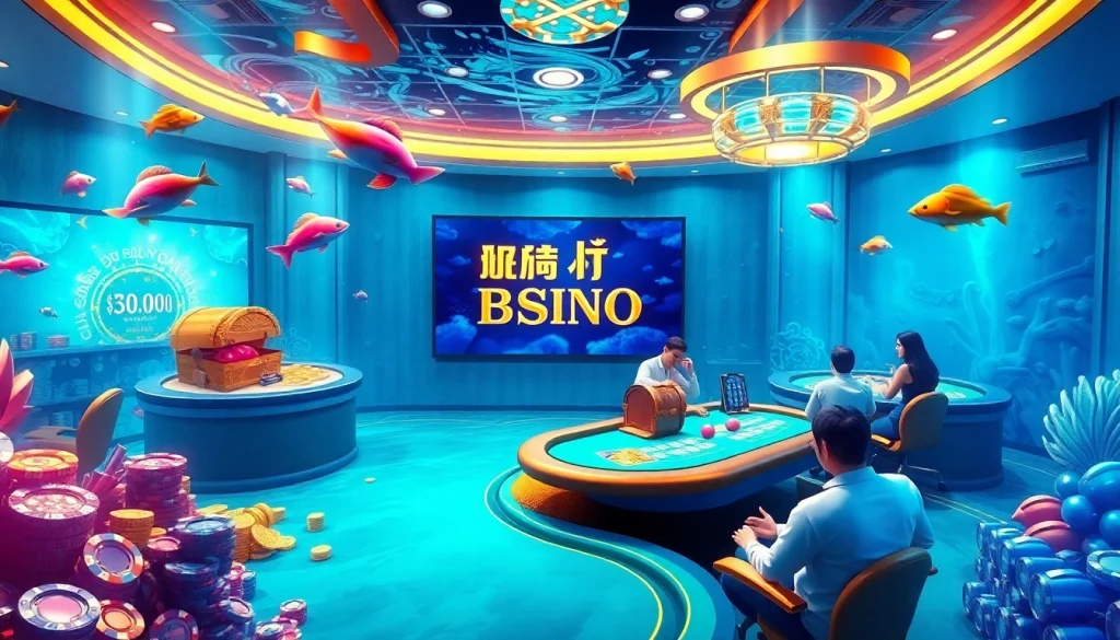 Bắn cá đổi thưởng scene showcasing vibrant underwater gameplay with animated fish and treasure chests.
