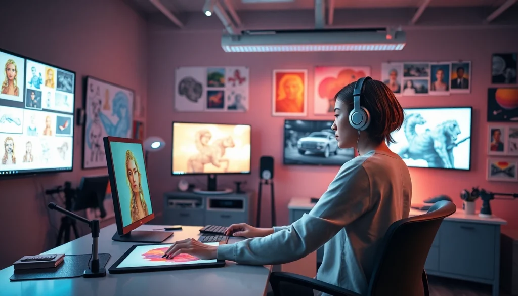 Generate precise AI prompts with our image to prompt tool in a vibrant digital studio.