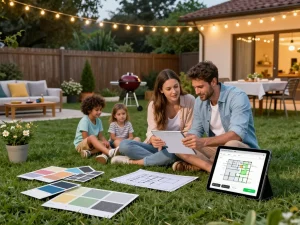 Family using an outdoor living configurator to design their backyard living space with colorful samples and a tablet in a relaxed summer setting.