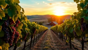 Experience Clarksburg wineries with lush vineyards and rustic scenery at sunset.
