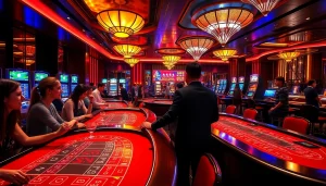 활기찬 환경에서 바카라 테이블에 있는 플레이어들을 보여주는 역동적인 카지노 분위기, 카지노사이트의 흥미 강조.