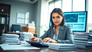 Überstunden auszahlen lassen: Businesswoman calculating her salary in a bright office setting.