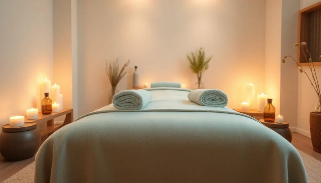 평온한 분위기와 진정 요소가 있는 마사지 치료실.