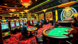 Players experiencing the thrill of winning at Jun888's luxurious casino tables and vibrant slots.