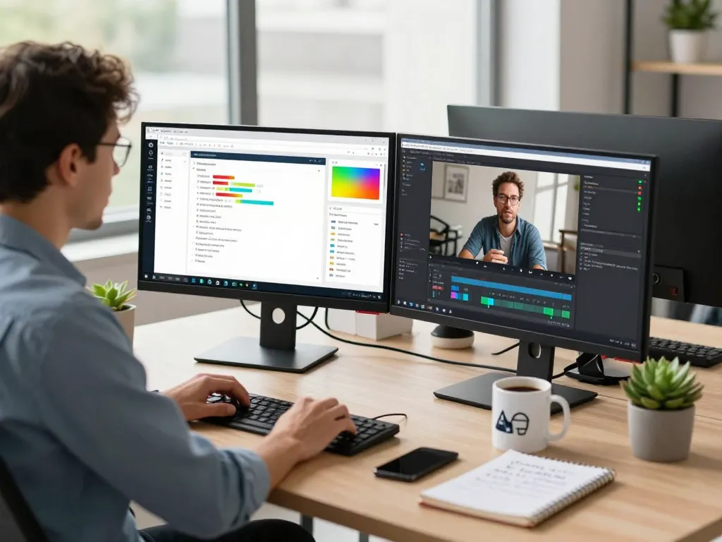 Video to prompt ai interface in a modern workspace featuring data analysis for video generation.