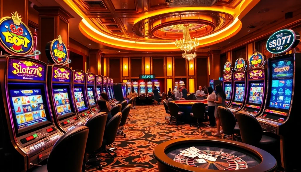 JAMU slot machines in action with vibrant lights and excited players enjoying their game.