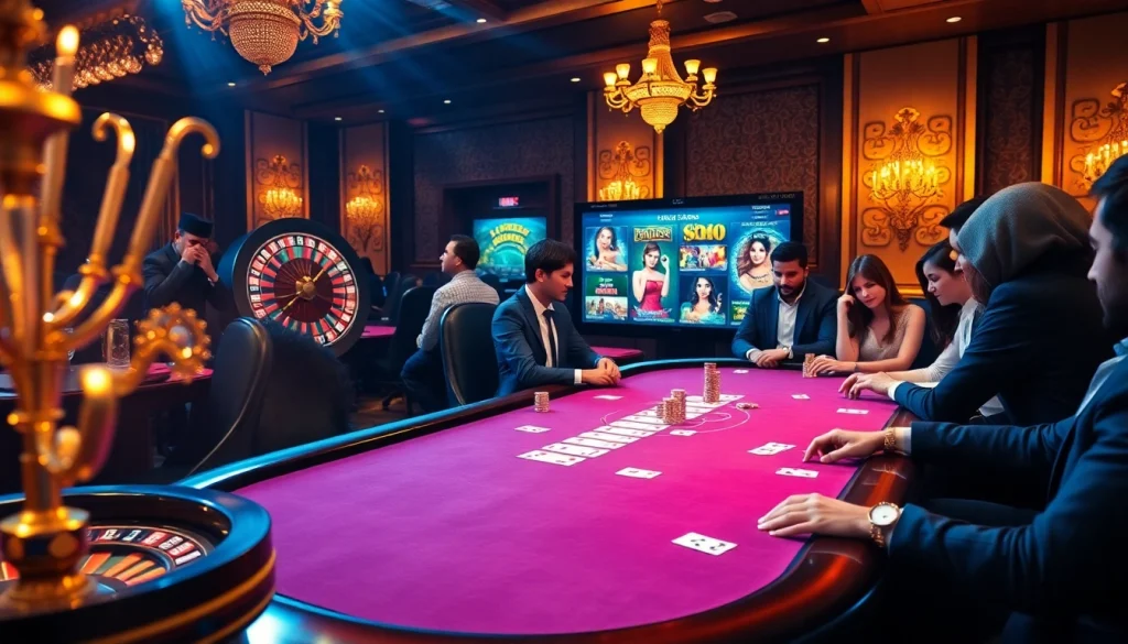 Une ambiance de jeu dynamique mettant en avant le meilleur casino en ligne avec des joueurs profitant du poker et de la roulette.