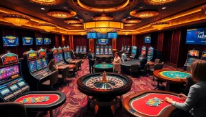 Engaging kubet casino scene with exciting gameplay on slot machines and poker tables.