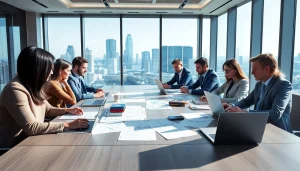 Investors discuss benefits of soparfi in a bright, modern office with skyline view.