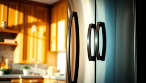 Refrigerator featured in a modern kitchen with stainless steel finish and natural lighting.