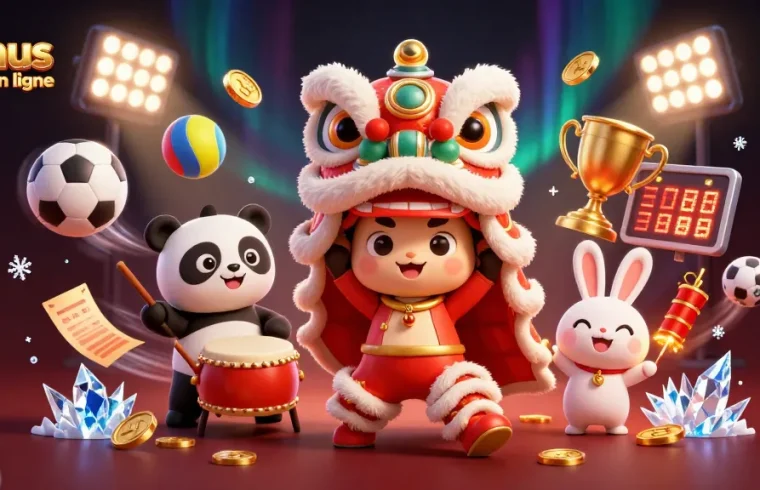 Profitez des bonus casino en ligne avec une illustration dynamique de danseurs de lion, panda et lapin.