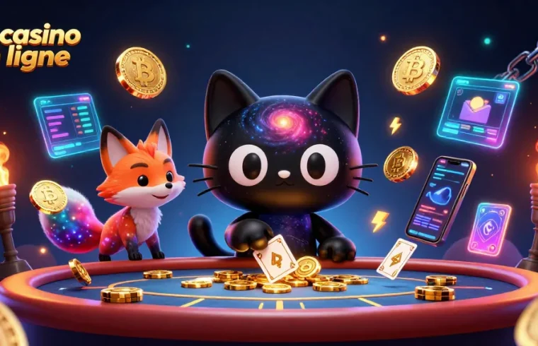 Top casino en ligne : Une illustration dynamique de jeux de casino avec un chat trou noir et un renard nébuleux.