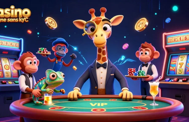Jouer sur un casino en ligne sans KYC avec une girafe de luxe au poker, des jetons et un cocktail doré.