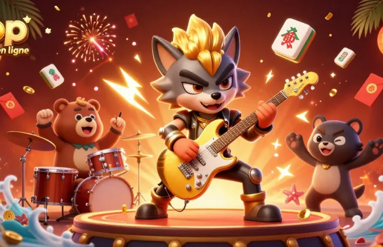 Découvrez le top casino en ligne avec une illustration dynamique d'un loup rock star et un ours batteur sur scène.