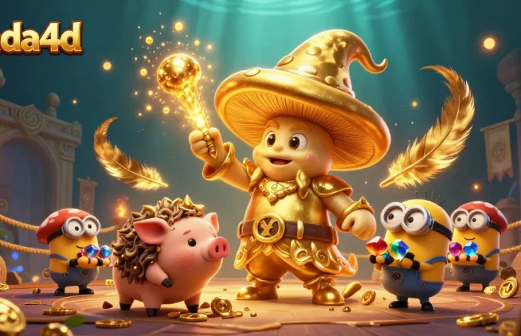Gambarkan aksi menarik dari janda4d dengan wizard jamur emas yang sihirnya mengubah semuanya menjadi emas, di arena judi.