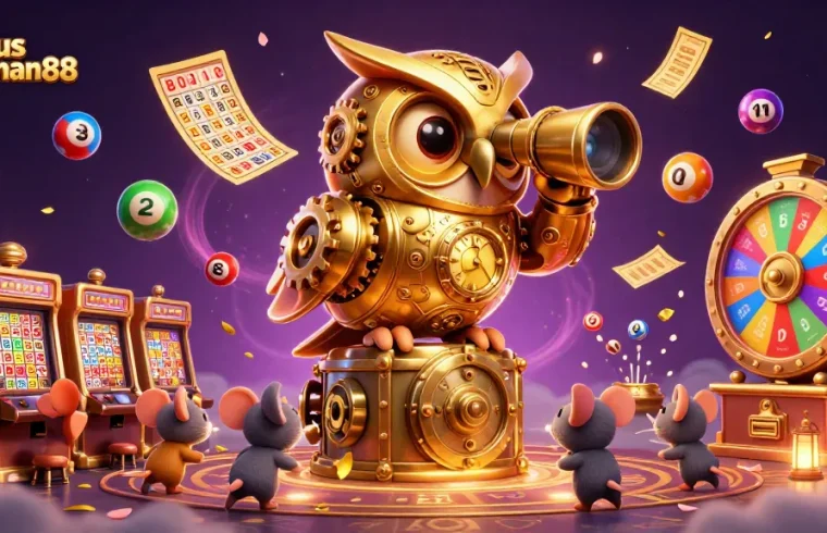 Play on situs spaceman88 with a dynamic casino scene featuring an animated golden owl and vibrant game elements.