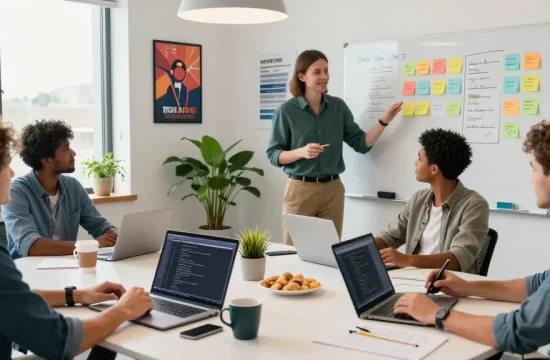 Team collaborating on Custom Software Development Services in a vibrant workspace.