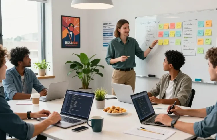 Team collaborating on Custom Software Development Services in a vibrant workspace.