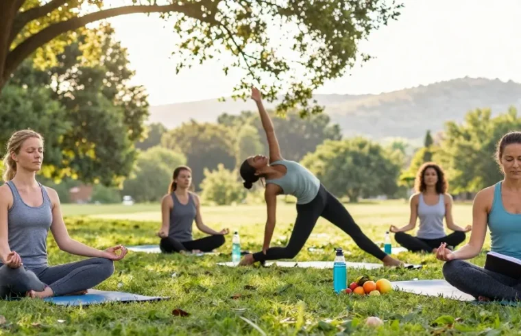 Individuals embracing wellness practices in a serene park setting, embodying the spirit of rokok88 super lifestyle choices.