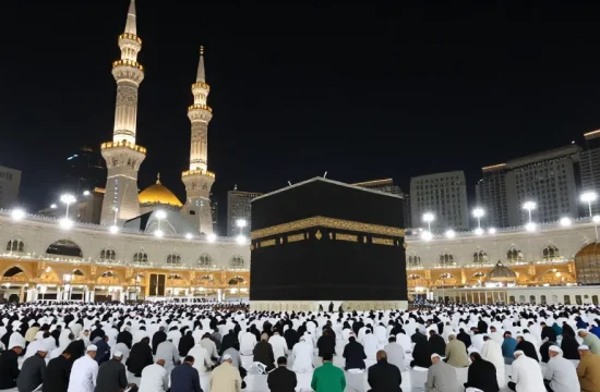 Umroh Ramadan experience at Masjidil Haram during a night prayer, vibrant atmosphere, travel inspiration.