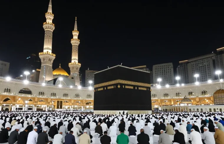 Umroh Ramadan experience at Masjidil Haram during a night prayer, vibrant atmosphere, travel inspiration.