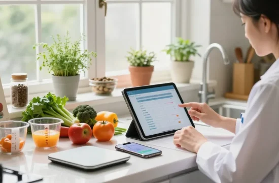 The nutritionist using the best AI calorie tracker in a bright kitchen to analyze meal data.