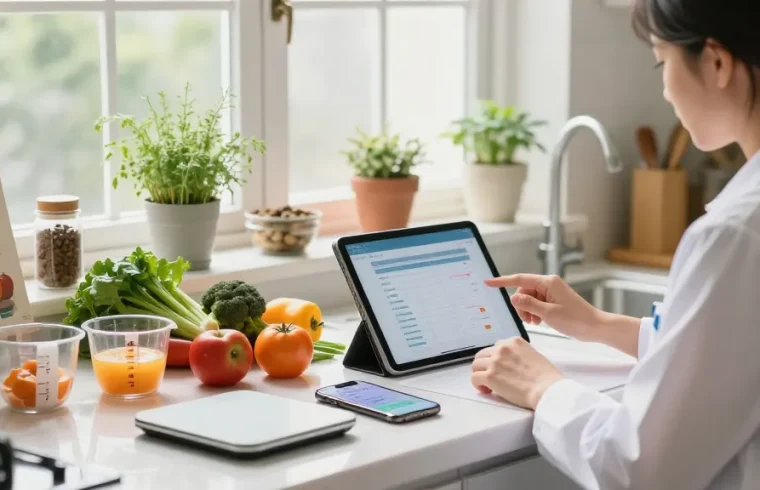 The nutritionist using the best AI calorie tracker in a bright kitchen to analyze meal data.